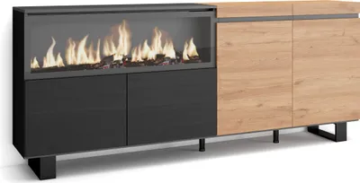 Immagine prodotto di COZY Credenza, Mobile, Cucina, 208x35x87cm, 4 Porte, Camino elettrico XXL, Rovere e Nero