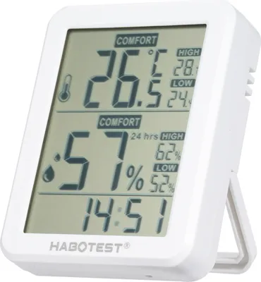 Obrázok produktu pre HABOTEST mini digitálny vlhkomer a teplomer, interiérový merač vlhkosti, izbový teplotný senzor so stojanom a otvorom, zariadenie na meranie teploty a vlhkosti pre domácnosť, skleník, záhradu, pivnicu, skriňu, gitarový kufor