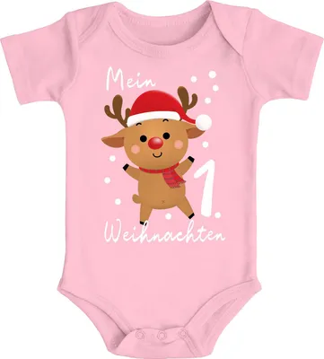 Produktbild von Baby Body Mein 1. Weihnachten Rentier Grinch Lustig Weihnachtsoutfit Spruch Baumwolle Jungen & Mädchen MoonWorks® rosa 0-3 Monate
