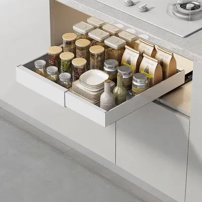 Produktbild von 1 Stück Teleskopschublade Küchenschrank Ausziehbare Schublade Schrank Organizer ohne Bohren 32 bis 52cm Breite einstellbar x 41.5 cm Tiefe
