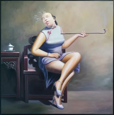 Productafbeelding van Fine Asianliving olieverfschilderij, 100% met de hand geschilderd, zwarte lijst, 100x100 cm, afbeelding: Chinese vrouw met sigaret, gekleed in een witte qipao