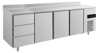 Produktbild von Gastro Kühltisch | Edelstahl | 3 Türen / 3 Schubladen | Aufkantung | 2330 x 700 x 850 mm | -2 / +8 °C | 632 Liter