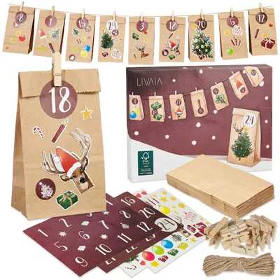 Produktbild von DIY-Adventskalender: Wunderschöner Bastel-Adventskalender 2022 mit 24 Papier-Geschenktüten und Aufkleberpapier mit Zahlen – Leerer Adventskalender für Erwachsene zum Selbstbefüllen – Weihnachts-Adventskalender LIVAIA