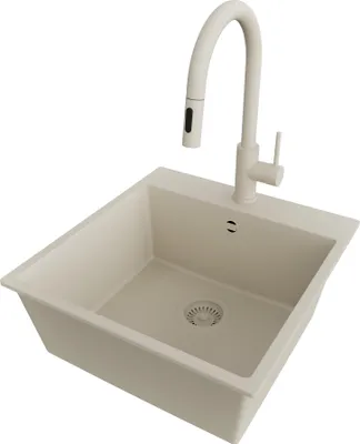 Produktbild von PRIMAGRAN Granitspüle Beige 48x50cm, Spülbecken 1 Becken + Küchenarmatur 40x20cm + Ablauf-Set, Küchenspüle ab 50er Unterschrank - Riga