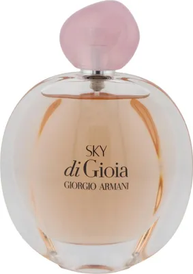 Runder Glasflakon von Giorgio Armani Sky di Gioia mit rosafarbenem Parfum, glatter Oberfläche und passendem rosa Verschluss auf weißem Hintergrund.