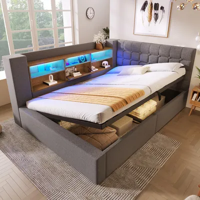 Produktbild von Polsterbett 140x200 cm Doppelbett mit LED-Beleuchtung, hydraulischem Stauraum, L-förmigem Kopfteil mit Stauraum, beidseitig montierbar, Lattenrost