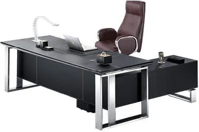 Produktbild von Moderner Leder-Eckschreibtisch in Schwarz mit Edelstahldetails
