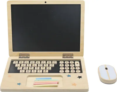 A wooden toy laptop with a chalkboard screen and keyboard, along with a toy mouse and chalk sticks, is displayed on a white background.