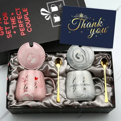 Immagine prodotto di Set di tazze da 15 once - Regalo romantico per coppie - Idea regalo per fidanzamento/matrimonio - Confezione regalo - Adatte al microonde e alla lavastoviglie - Perfette per San Valentino - Tazze da caffè