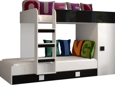 Produktbild von Etagenbett für Kinder Toledo 2 Stockbett mit Treppe und Bettkasten (Weiß + Schwarz Glanz)