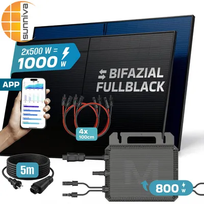 Produktbild von SUNNIVA® 1000W Balkonkraftwerk BIFAZIAL FULLBLACK komplett Steckdose MARSTEK 800W Wechselrichter, PV Solaranlage, 5m Kabel, Bluetooth WIFI