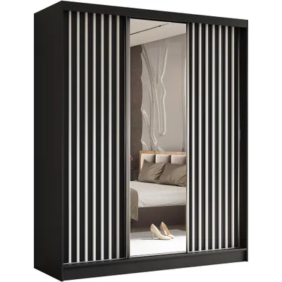 Produktbild von Schwebetürenschrank HELIX 180 cm Schwarz/Weiß – 3-türig, Kleiderschrank mit Schubkasteneinsätze, Lamellen & Spiegel & Schiebetüren