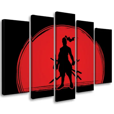 Produktbild von 5-teiliges leinwandbild samurai japan sonne 150x100 cm Feeby rot wandbild bereit zum aufhängen