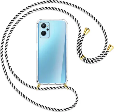 Produktbild von Handykette Backcover-Schutzhülle mit Band (Metall goldfarben) für Realme 9i - schwarz/weiß gestreift