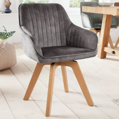 Produktbild von riess-ambiente Drehbarer Design Stuhl LIVORNO grau Samt Buchenholz Beine mit Armlehnen Esszimmerstuhl Drehstuhl