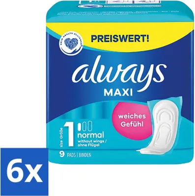 Image de Always Maxi - Serviettes hygiéniques - Taille 1 - Normal - 9 serviettes - Pack avantage - 6 pièces