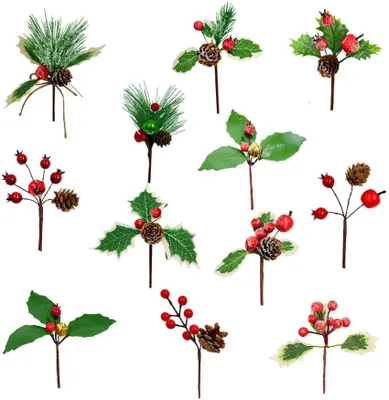 Produktbild von Weihnachtszweige - 12 Stück - 15 cm - Künstliche Kiefernzweige mit Beeren und Zapfen - Weihnachtsdeko - Für Gestecke, Kränze, Weihnachtsbaum