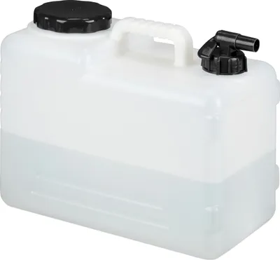 Produktbild von Relaxdays Wasserkanister mit Hahn, 15 Liter, Kunststoff bpa-frei, Weithals Deckel, Griff, Camping Kanister, weiß/schwarz