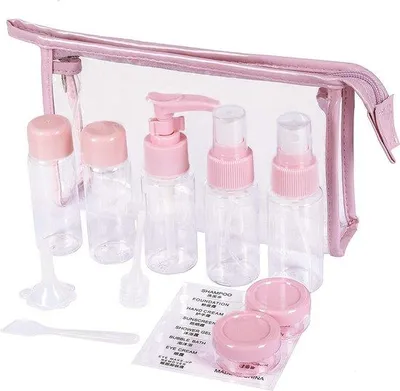 Produktbild von Reisebeutel-Set mit kleinen kosmetischen Behältern, tragbare Flugzeug-Shampoo-Flaschen, 12 Stück, rosa, transparent