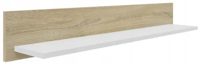 A white shelf mounted on a wood-grain panel.