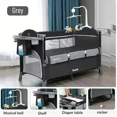 Image de Lit de voyage pour bébé - Lit bébé et parc combinés - 5 en 1 - Pliable - Portable - Avec table à langer et berceau - Gris