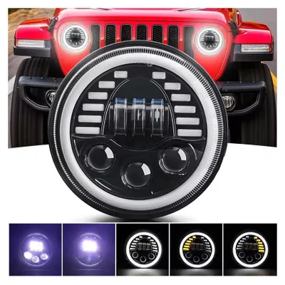 Produktbild von Universeller 7-Zoll (18 cm) LED-Halogen-Scheinwerfer 12V–24V, Abblend-/Fernlicht mit DRL-Tagfahrlicht und weiß-gelbem Blinker, 7