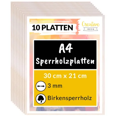 Produktbild von Creative Deco 10 x A4 Holz-Platte | 300 x 210 x 3 ( +/- 0,5 ) mm | Dünne Sperrholz-Zuschnitte | Perfektes Blatt für Laubsäge, Brandmalerei, Laserschnitt, CNC Router, Durchbrochenes