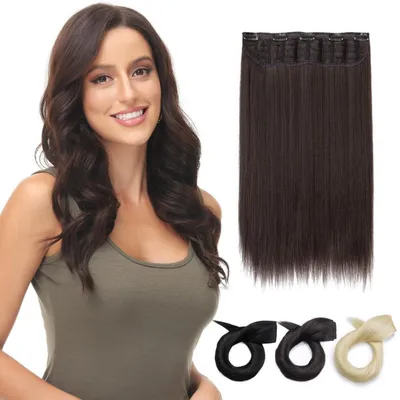 Image de Extension de cheveux synthétiques, 30 cm, droite, 5 clips, couleur marron foncé