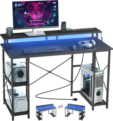 Produktbild von VEVOR Computertisch Bürotisch Schreibtisch mit intelligenten LED-Leuchten & Steckdosen, Arbeitstisch mit Monitorständer & 2-stufigen Lagerregalen, Arbeitszimmer Wohnzimmer Homeoffice Schwarz