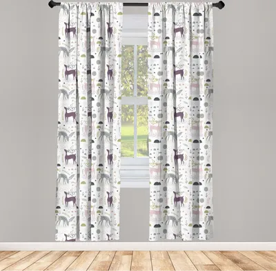 Produktbild von ABAKUHAUS Wald Vorhänge, Gardinen, Verzauberte Waldland-Kreatur-Rotwild mit gebogenem Geweih-Laub punktierte Felsen-Muster, 2 Stück 75 x 175 cm, , Mehrfarbig