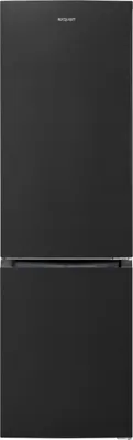 A full front view of a black refrigerator.