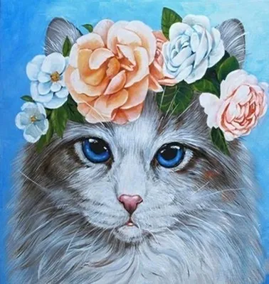 Image de Mosaïque Diamantée 30X40 Cm : Chat Diamanté Orné D'une Couronne Et De Roses