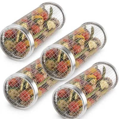 Produktbild von Grillkorb Edelstahl rund – Zylinder Grillnetz mit Griff für Camping & BBQ, rostfrei — 4 Stück