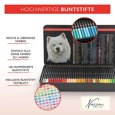 Produktbild von Nassau Fine Art Professioneel 160er Buntstifte Set Für Kinder und Erwachsene - Zeichenset mit reichen & lebendigen Farben - Nummerierte & farbcodierte Farbstifte - Inklusive Farbtestblatt - Robuste Aufbewahrungsbox