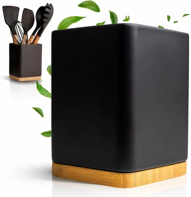 Produktbild von Küchenutensilienhalter, Keramik und Bambus, 10,5 x 10,5 x 15 cm, schwarz, für Küche
