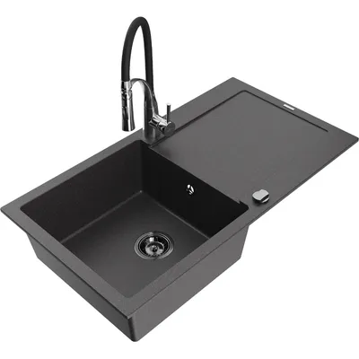 Obrázek produktu pro Mexen Leo 1-miskový granitový dřez s odkapávačem a kuchyňskou baterií Aster, Skvrnitá černá - 6501-76-73450-07-B