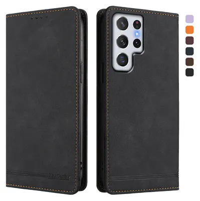 Produktbild von Hülle für Samsung Galaxy S22 Ultra 5G, Retro Kunstleder Ständer Klapphülle mit Kartenfächer und Magnetische Schwarz