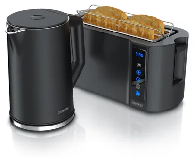 Produktbild von Arendo Frühstücks-Set Edelstahl, Wasserkocher mit Temperatureinstellung 1,5l, 4 Scheiben Langschlitztoaster, 4 Scheiben Toaster, Brötchenaufsatz, Touch, schwarz