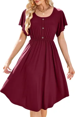 Produktbild von Damen Midikleid mit Taschen Sommerkleid Baumwolle Weinrot Luftig Größe L