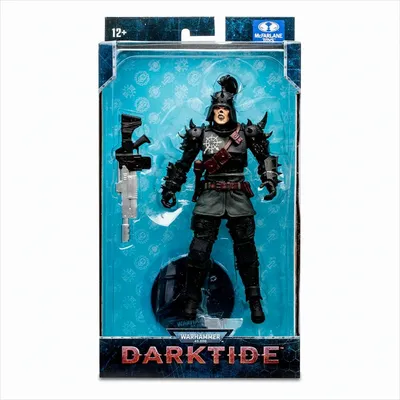 A Warhammer 40k: Darktide action figure of a Traitor Guard in its packaging.