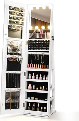 Zdjęcie produktu dla Szafka na biżuterię COSTWAY 360° z pełnowymiarowym lustrem LED, szafka z lustrem do makijażu, wolnostojący organizer na biżuterię, biały