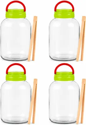 Produktbild von 4er Set Gurkengläser 3 L mit Deckel und Holzzange – Einmachgläser für Gurken, Sauerkraut, Kimchi und Fermentation