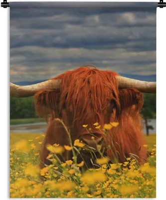 Produktbild von MuchoWow® Wandteppich Wandbehang Schottischer Highlander - Tiere - Blumen 90x120 cm Tapisserie Dekoration Wandtuch - Wanddeko