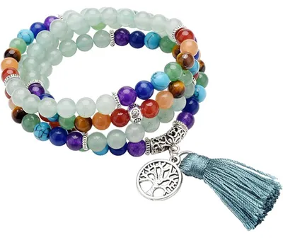 Zdjęcie produktu dla Mala Kette z 108 koralików, kamienie szlachetne, 7 czakr, amulet "Drzewo Życia", długość 68 cm