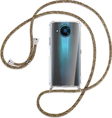 Produktbild von Handykette Backcover-Schutzhülle mit Band (Metall silberfarben) für Nokia 8.3 5G - braun+beige