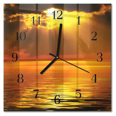 Immagine prodotto di Orologio da parete Tulup Glasuhr, orologio da cucina, vetro vero, 30x30 cm, design moderno e decorativo, silenzioso, con lancette nere - motivo: tramonto