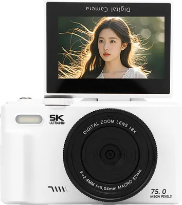 Obrázok produktu pre Yctze 5K 75MP digitálny fotoaparát 18x zoom fotoaparát WiFi AF automatické zaostrovanie s 3" 180 �� flipovým displejom s bleskom na cestovanie vlogovanie webová kamera (64GB)