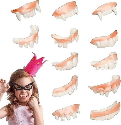 Immagine prodotto di 12 denti finti | Denti per giochi di ruolo, denti finti realistici e stretti per feste di Halloween, feste in maschera di Halloween, accessori per feste per bambini