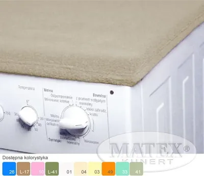 A beige cover is placed on top of a white washing machine, showing its control panel.