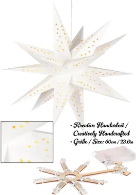 A white paper star lantern with gold dots, shown hanging, with a close-up inset of the lantern's interior and a separate image of the battery-powered LED light set.